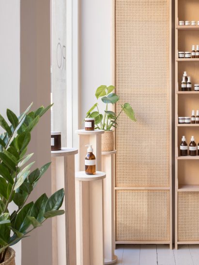 O'Sullivan Skoufoglou create peach-hued skincare store in England