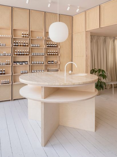 O'Sullivan Skoufoglou create peach-hued skincare store in England