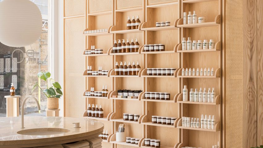 O'Sullivan Skoufoglou create peach-hued skincare store in England