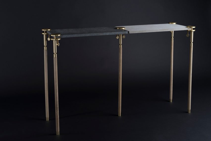 Josh Carmody makes tables using materials from a samples library