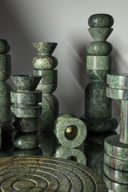 Tom Dixon's trips to India inspire a collection of green marble tableware