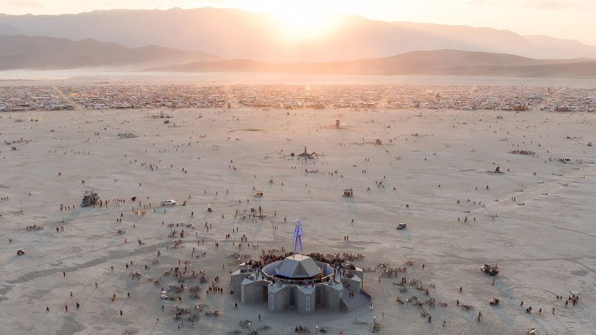 Aerial view of Burning Man festival 2018 at sunrise