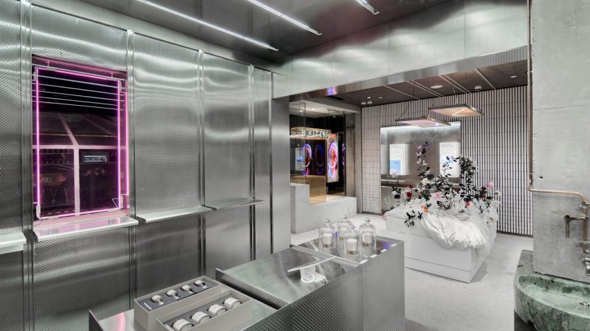 Neri&Hu animates Little B store in Shanghai with white-glazed tiles and neon lights