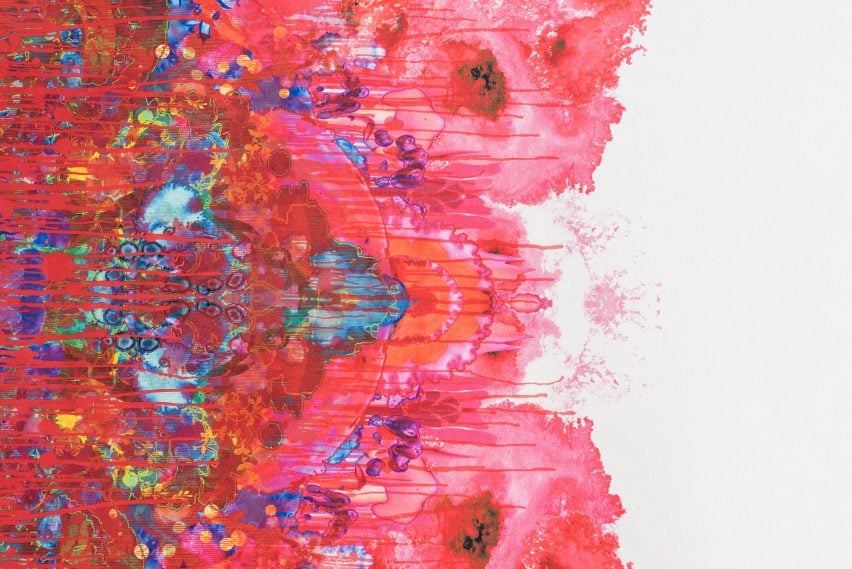 Graphic leather hide by Timorous Beasties features splatters and dribbles of colour 