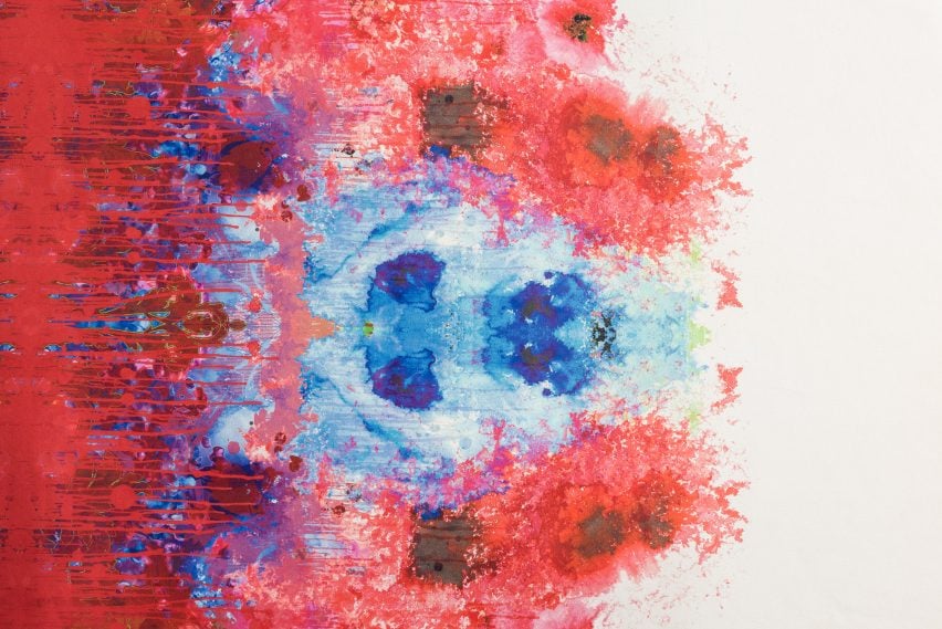 Graphic leather hide by Timorous Beasties features splatters and dribbles of colour 