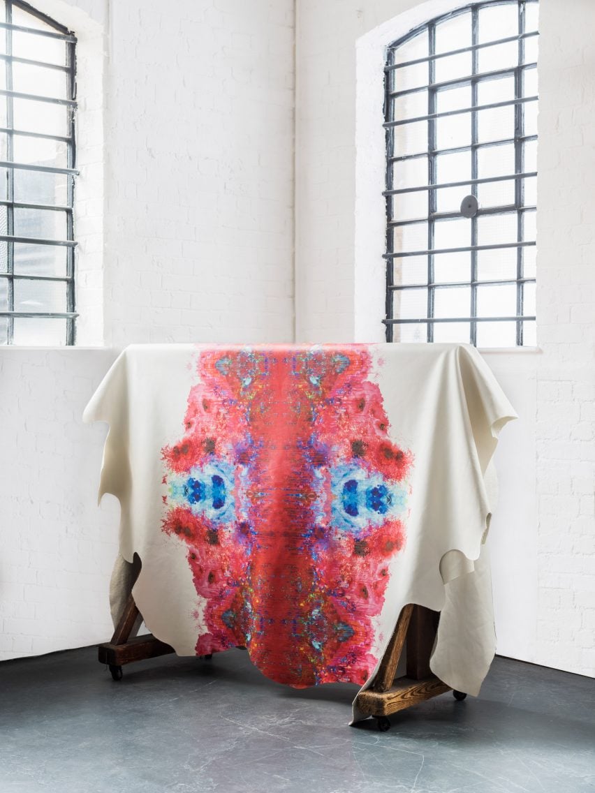 Graphic leather hide by Timorous Beasties features splatters and dribbles of colour 