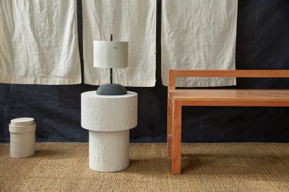 Malgorzata Bany installs jesmonite furniture at The New Craftsmen for LDF exhibition