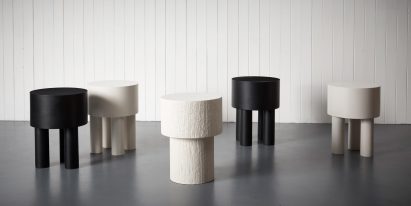 Malgorzata Bany installs jesmonite furniture at The New Craftsmen for LDF exhibition