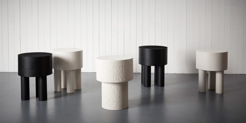 Malgorzata Bany installs jesmonite furniture at The New Craftsmen for LDF exhibition