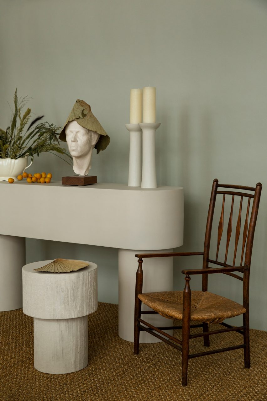 Malgorzata Bany installs jesmonite furniture at The New Craftsmen for LDF exhibition