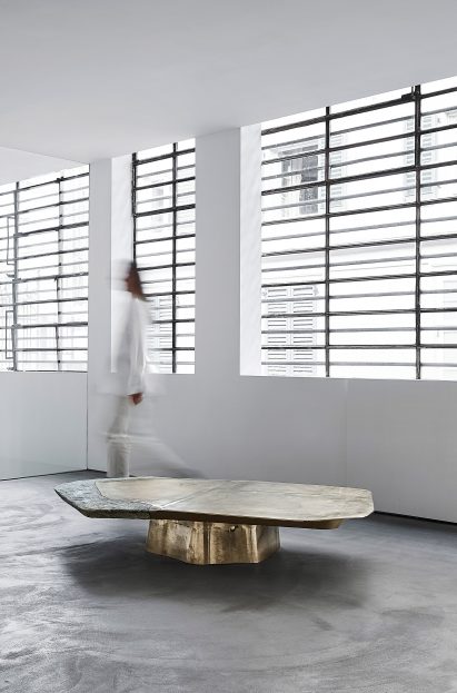 Vincenzo De Cotiis' table made from various materials, including cast metals, semi-precious stone and recycled fiberglass.