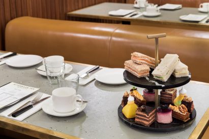 Abstract chess set and blue tableware created for London's Ace Hotel