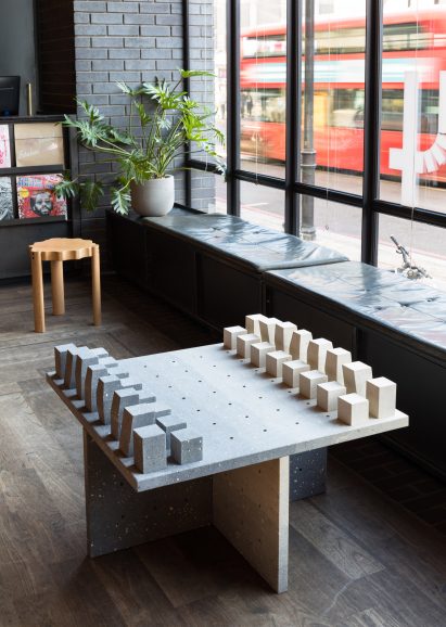 Abstract chess set and blue tableware created for London's Ace Hotel