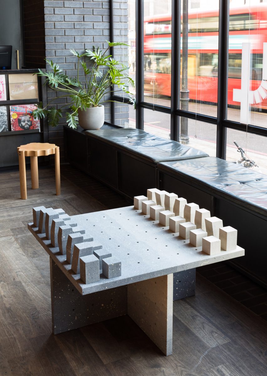 Abstract chess set and blue tableware created for London's Ace Hotel