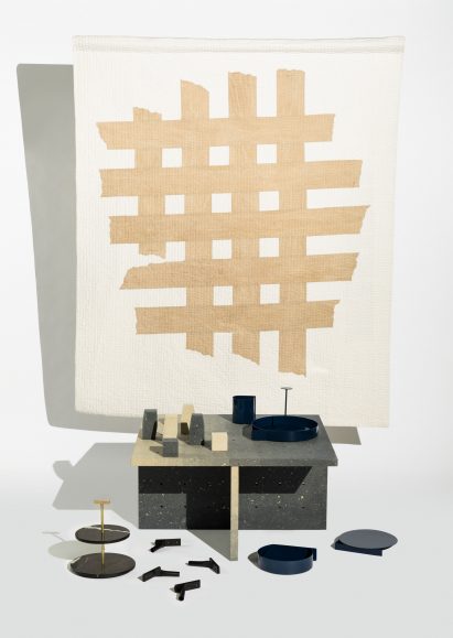 Abstract chess set and blue tableware created for London's Ace Hotel