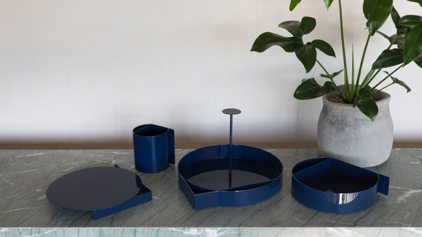 Abstract chess set and blue tableware created for London's Ace Hotel