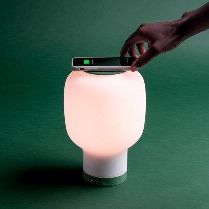 Nolii’s wireless Rise lamp also functions as a charger and an alarm clock