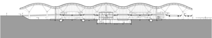 Secion of The Passenger Clearance Building by Rogers Stirk Harbour + Partners and Aedas in Hong Kong