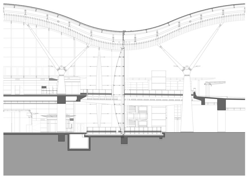 Detail section of The Passenger Clearance Building by Rogers Stirk Harbour + Partners and Aedas in Hong Kong