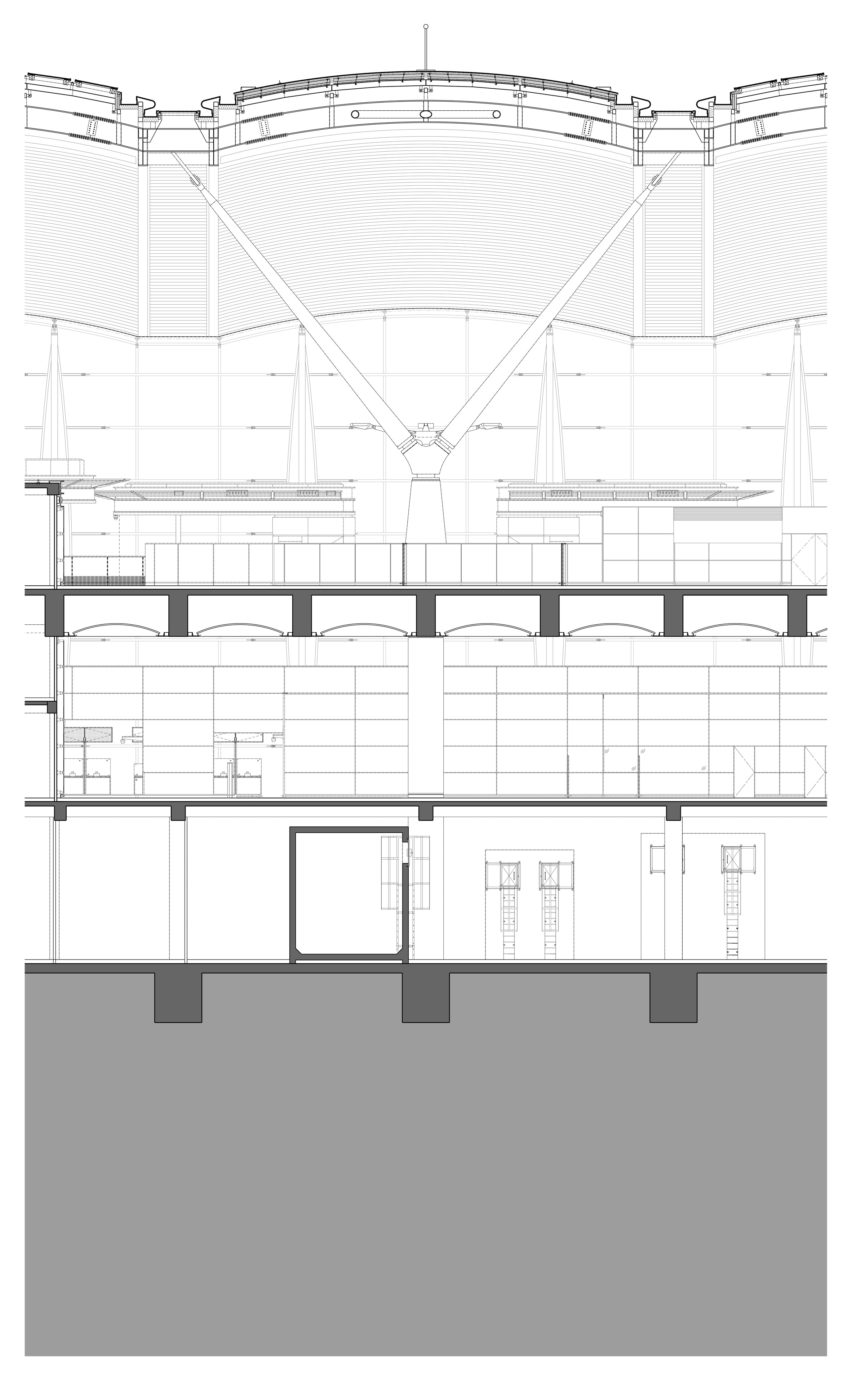 Detail section of The Passenger Clearance Building by Rogers Stirk Harbour + Partners and Aedas in Hong Kong