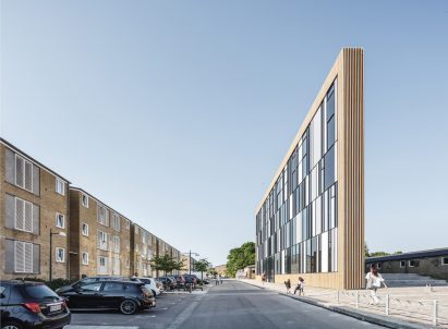 COBE's wedge-shaped library references its modernist surroundings