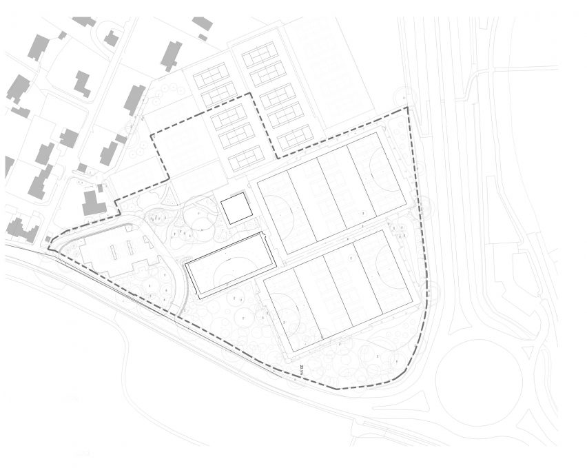 Site plan of Eton college sports pavilion by Lewandowski Architects