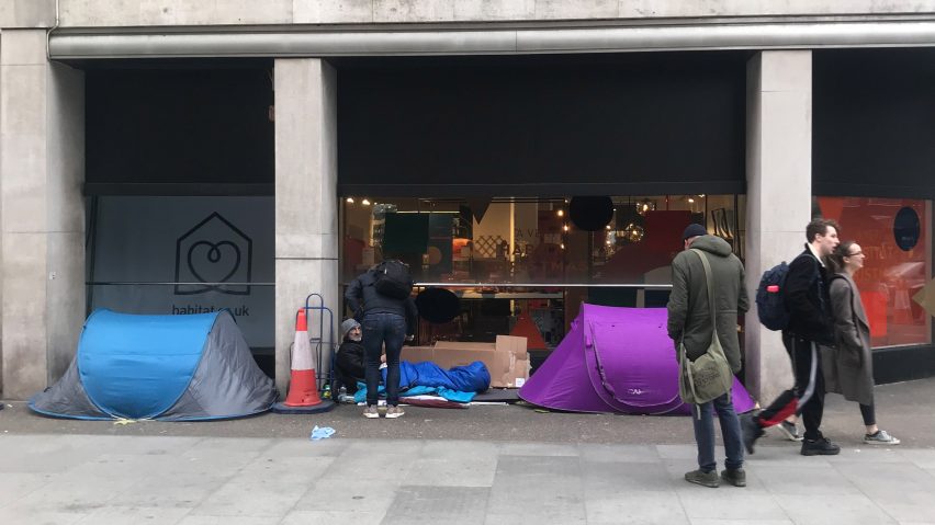 Rough sleepers camping outside a shop in central London