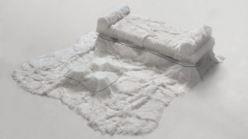 Sofa Pelo sheepskin daybed and table by Guillermo Santomá