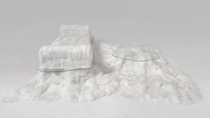 Sofa Pelo sheepskin daybed and table by Guillermo Santomá