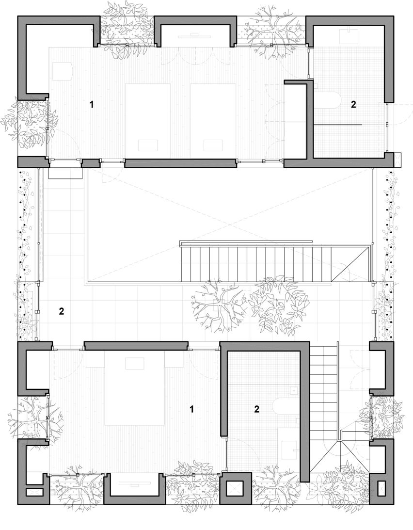 First floor plan of Stepping Park House by Vo Trong Nghia in Ho Chi Minh City, Vietnam
