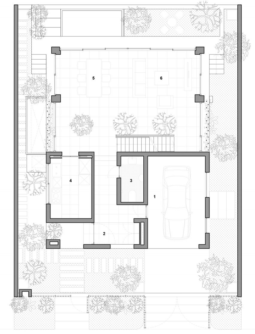 Ground floor plan of Stepping Park House by Vo Trong Nghia in Ho Chi Minh City, Vietnam
