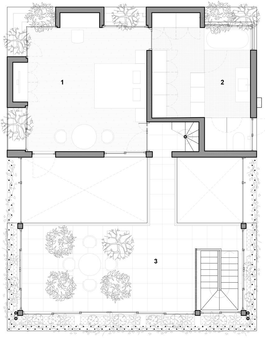 Second floor plan of Stepping Park House by Vo Trong Nghia in Ho Chi Minh City, Vietnam