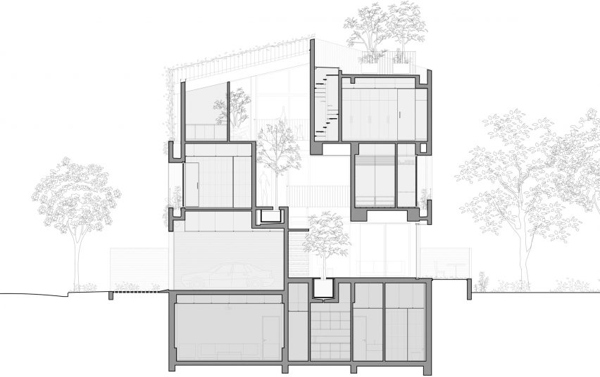 Section of Stepping Park House by Vo Trong Nghia in Ho Chi Minh City, Vietnam