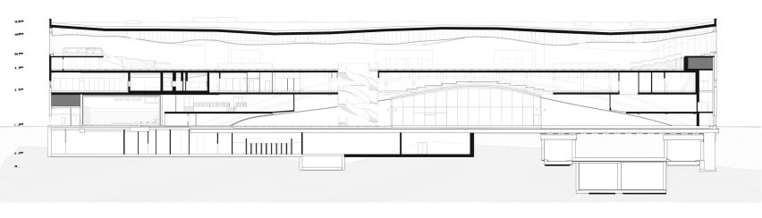 Long section of Oodi Helsinki Central Library by ALA Architects