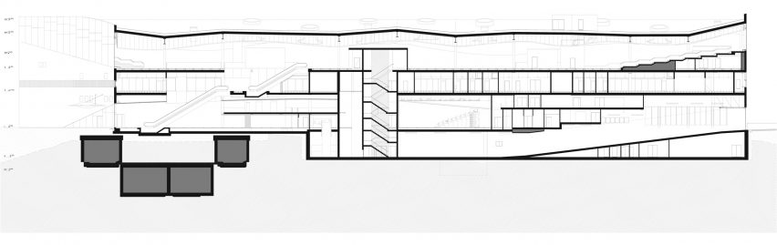 Long section of Oodi Helsinki Central Library by ALA Architects