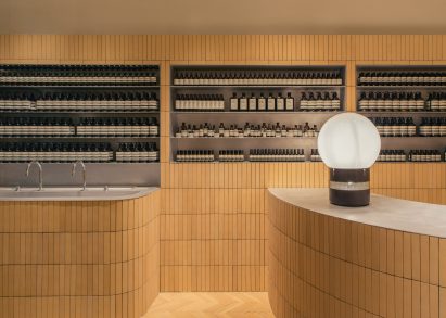 Interiors of Aesop Brussels store on Rue de Namur, Brussels, designed by Bernard Dubois