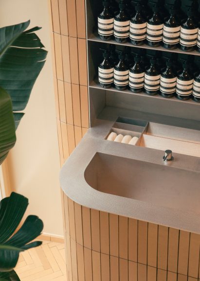 Interiors of Aesop Brussels store on Rue de Namur, Brussels, designed by Bernard Dubois