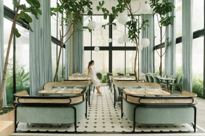 Interiors of the Harlan + Holden Glasshouse cafe designed by Gamfratesi