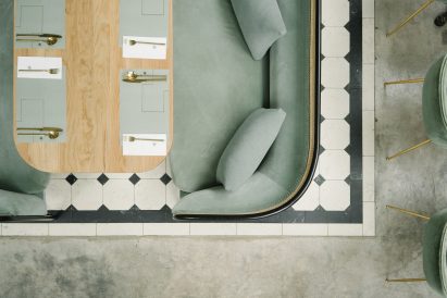 Interiors of the Harlan + Holden Glasshouse cafe designed by Gamfratesi