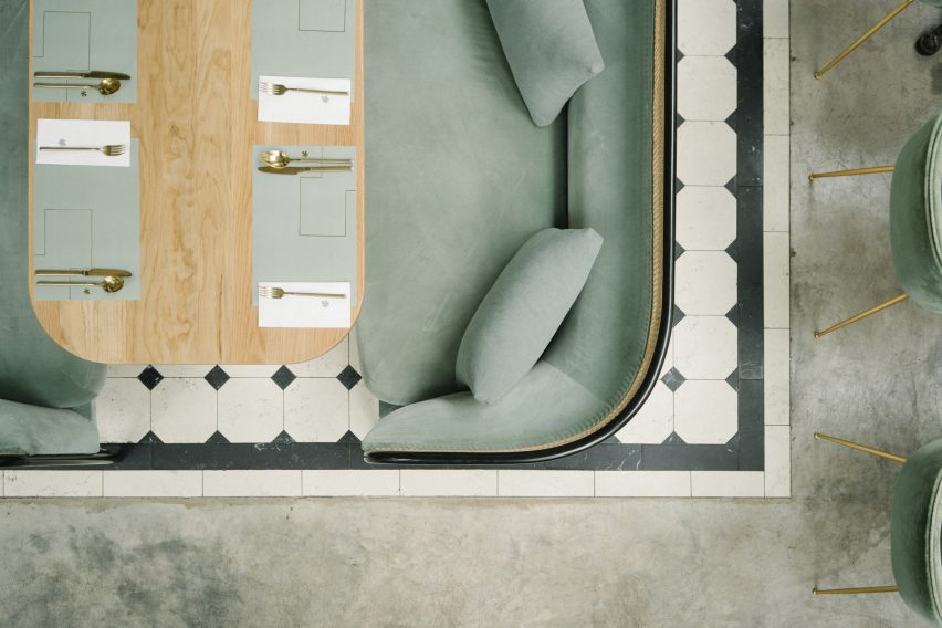 Interiors of the Harlan + Holden Glasshouse cafe designed by Gamfratesi