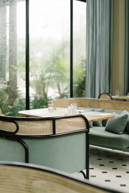 Interiors of the Harlan + Holden Glasshouse cafe designed by Gamfratesi