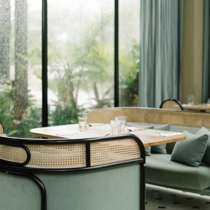 Interiors of the Harlan + Holden Glasshouse cafe designed by Gamfratesi