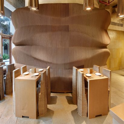 Cardboard cafe by Nudes in Mumbai is made entirely from recycled cardboard