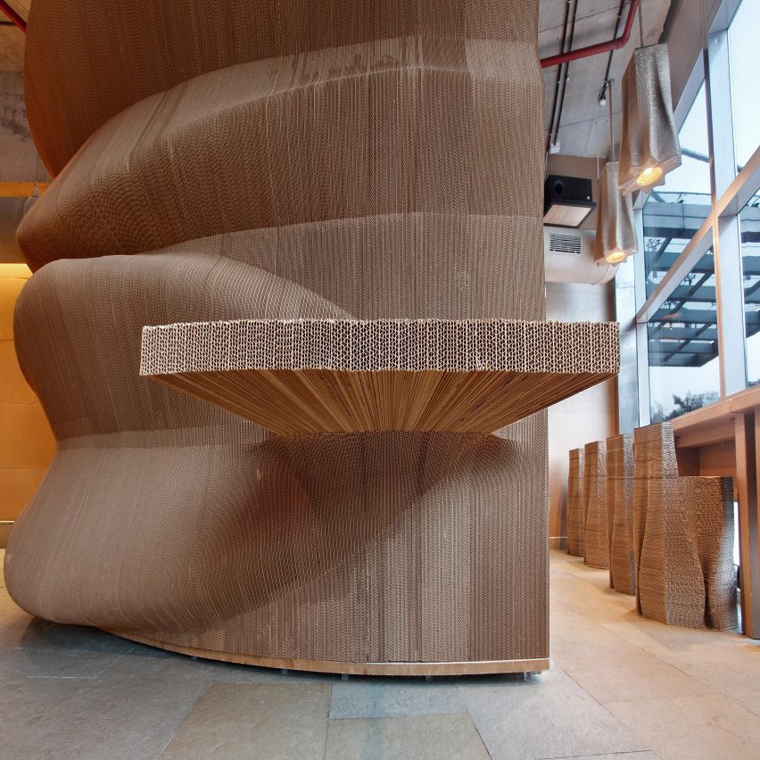 Bombay cafe by Nudes architecture office is made entirely from recycled cardboard
