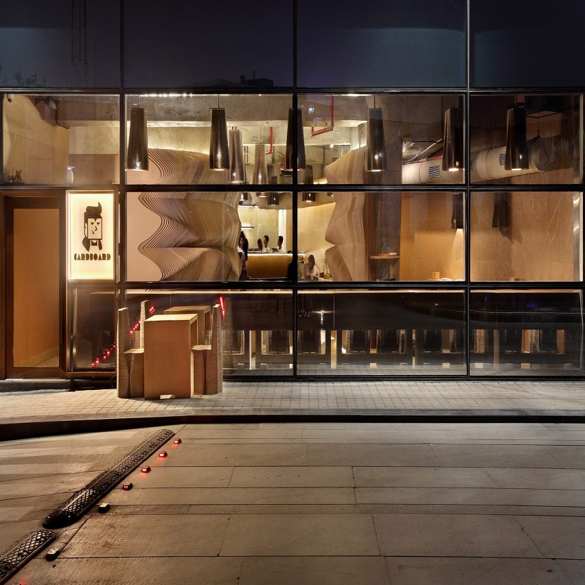 Bombay cafe by Nudes architecture office is made entirely from recycled cardboard