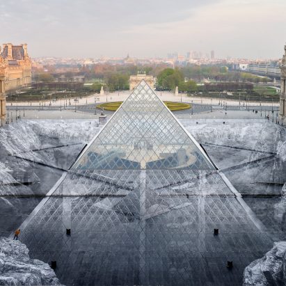 The Secret of the Great Pyramid by JR under construction at Musée du Louvre