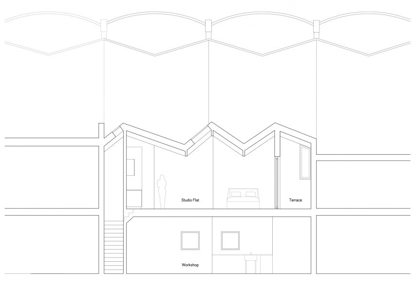 Long section of 6 Broadway Market Mews by Delvendahl Martin Architects