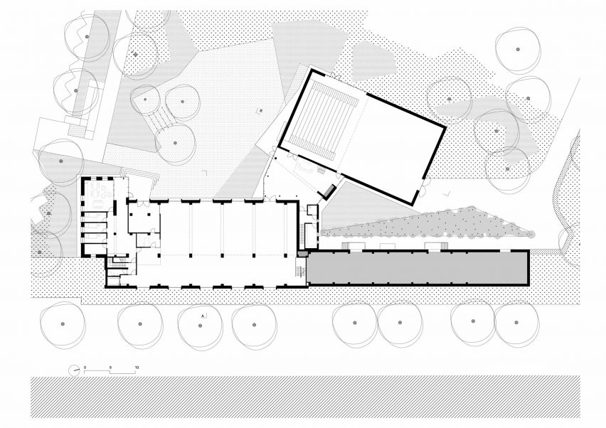 Ground floor plan with landscaping of ESAC Circus School by Daniel Delgoffe