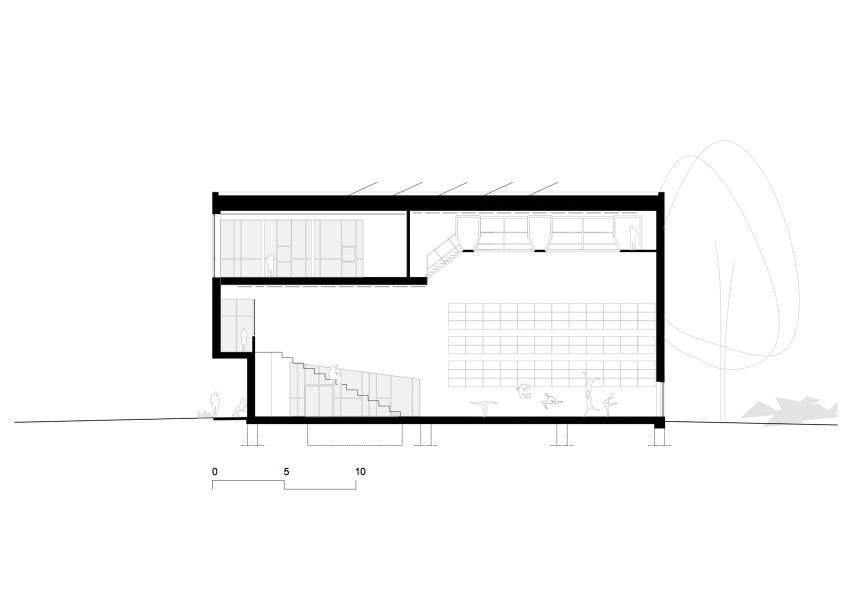 Long section A-A of ESAC Circus School by Daniel Delgoffe