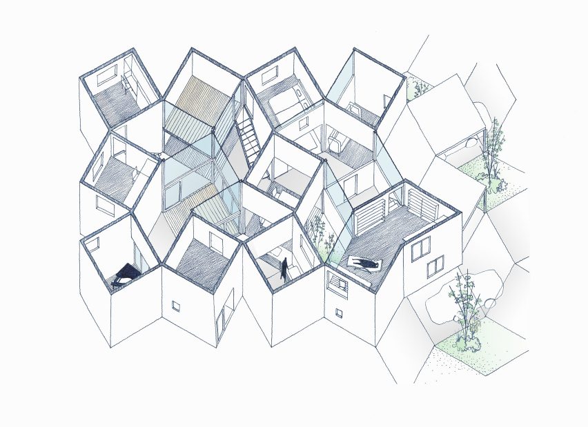 Isometric section drawing of House in Hokusetsu by Tato Architects